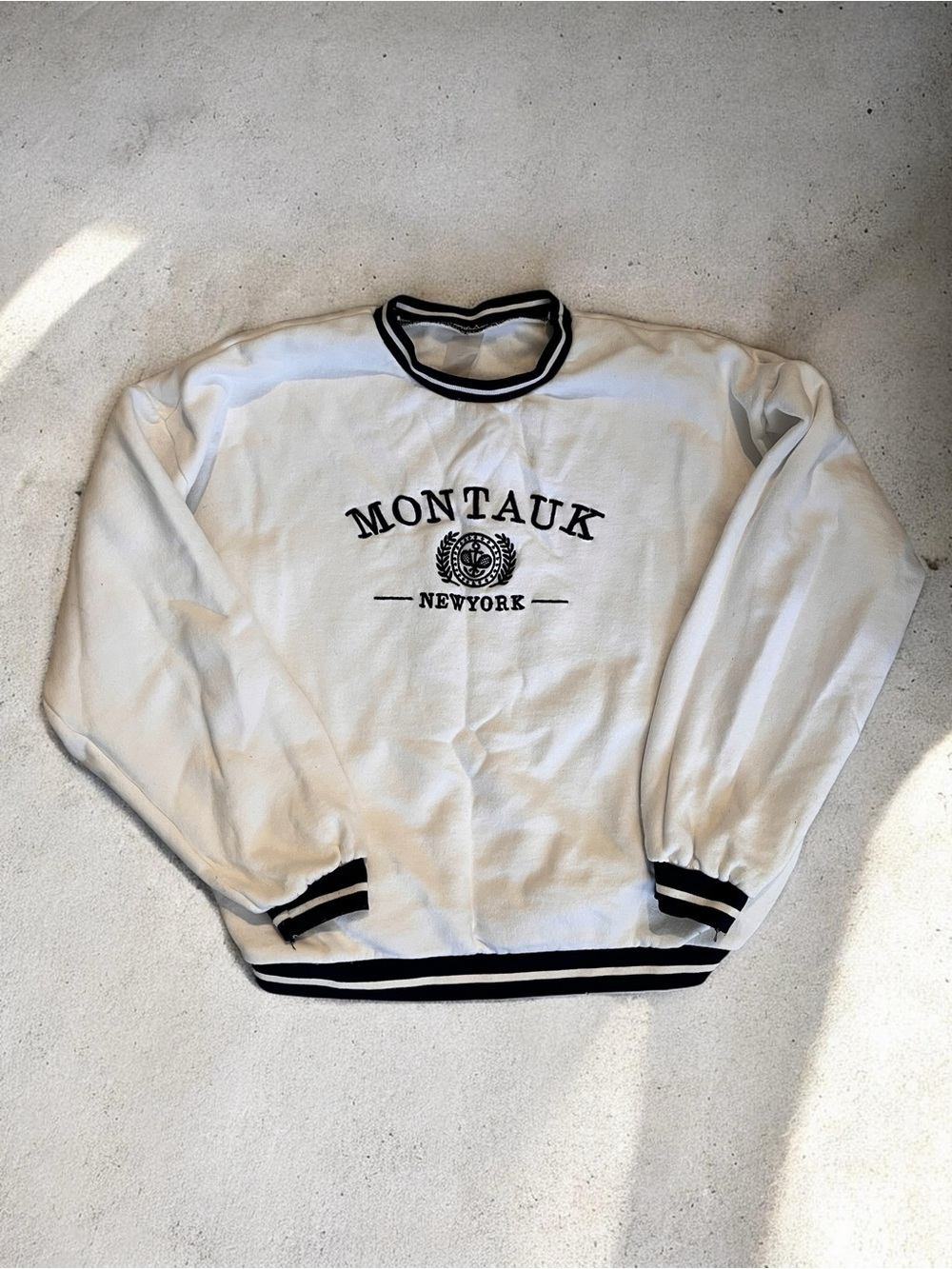 Altar'd State White Crewneck Sweater with Dark Navy Trim and Montauk Embroidery